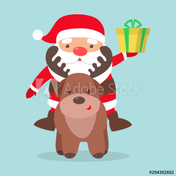 Santa Claus in red clothes sitting on reindeer
