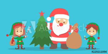 Santa Claus standing with bag full of gift boxes