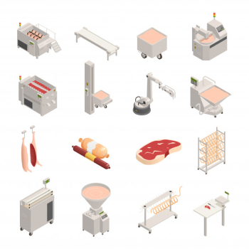 Sausage factory isometric icons Free Vector Sausage factory isometric icons Free Vector