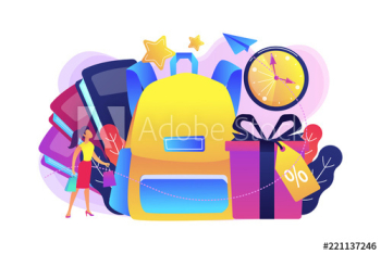 School backpack, books, shopper with shopping bag and present box with percent tag