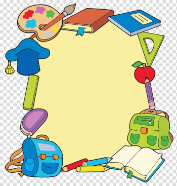 School backpack, notebook, paint, and hat , Student School frame , Cartoon school supplies transparent background PNG clipart