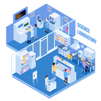 Science laboratory with professional equipment and people carrying physical and chemical research and experiments Free Vector