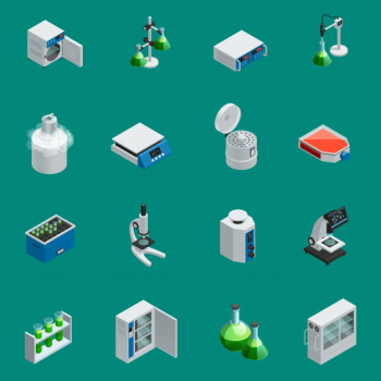 Scientific laboratory equipment isometric icons set with tools for natural research and highly technological devices isolated vector illustration Free Vector