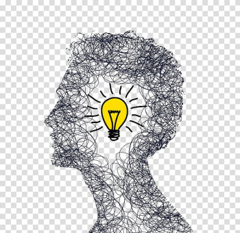 Scribble man head illustration with light bulb, Concept Idea Illustration, Creative Brain transparent background PNG clipart