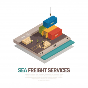 Sea freight services isometric composition with shipment cargo in containers by crane at port Free Vector