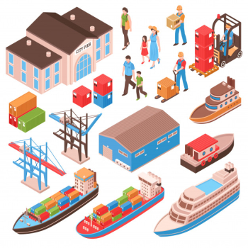 Sea port isometric set with city persons, pier building, cargo ships, harbor facilities Free Vector