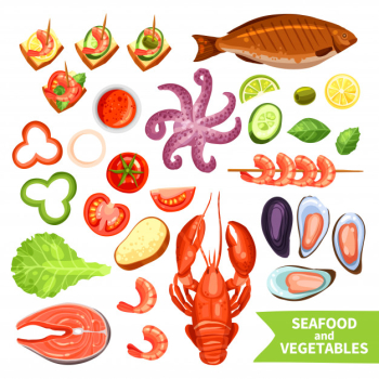 Seafood and vegetables icons set Seafood and vegetables icons set