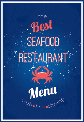 Seafood restaurant delicious menu advertisement placard design with appetizing crab fish shrimp poster abstract vector illustration