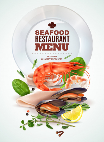 Seafood restaurant menu realistic poster with shrimp squid mussels fresh herbs spices marine cocktail ingredients Free Vector