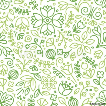 Seamless pattern with blooming plants drawn with green contour lines on white background