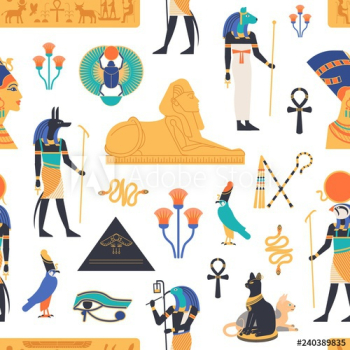Seamless pattern with gods, deities and mythological creatures from ancient Egyptian mythology and religion, sacred animals, symbols, architecture and sculpture