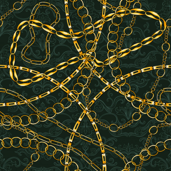 Seamless pattern with golden chains vintage jewelry. gold accessory for fashion art design. decorative trendy. Free Vector