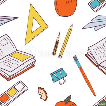 Seamless pattern with school supplies or stationery for students and pupils, accessories for study and education on white background