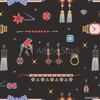 Seamless pattern with stylish expensive jewelry and accessories on black background - earrings, necklace, bracelet, brooch, pendant, bow tie
