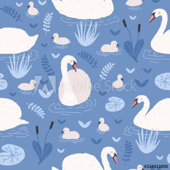 Seamless pattern with white swans and brood of cygnets floating in pond or lake among water lilies and reeds