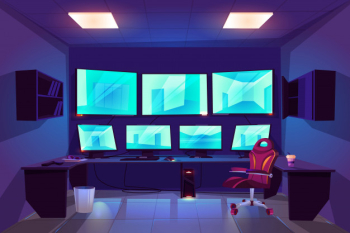 Security control cctv room interior with multiple monitors displaying video from surveillance cameras Free Vector