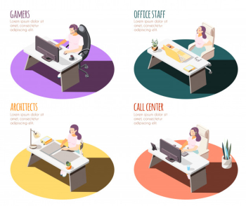 Sedentary lifestyle isometric 4x1 set of compositions with working place spots tables and people with text Free Vector