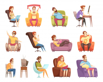 Sedentary lifestyle set of retro cartoon icons Free Vector Sedentary lifestyle set of retro cartoon icons Free Vector