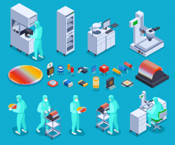 Semicondoctor production icons set with technology and science symbols isometric isolated Free Vector