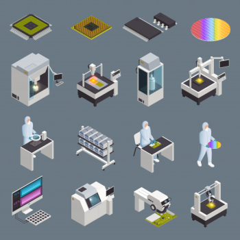 Semiconductor chip production isometric icons collection with isolated hi-tech facilities and supplies with human characters vector illustration Free Vector