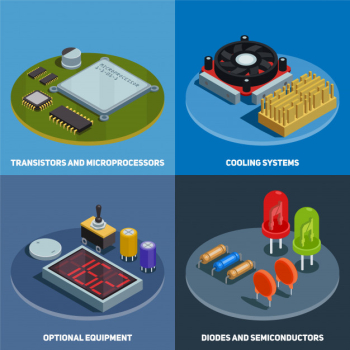 Semiconductor concept set of transistors microprocessors diodes and cooling systems square compositions isometric Free Vector