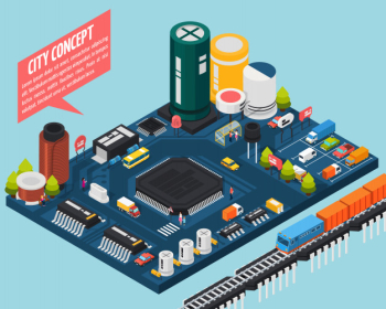Semiconductor electronic components isometric city concept Free Vector