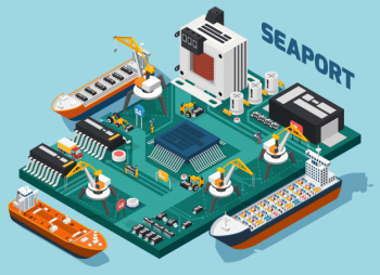 Semiconductor electronic components isometric seaport composition Free Vector