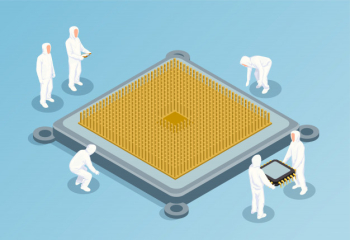 Semiconductor isometric illustration with big image of cpu in center and people in white technological clothing for clean rooms Free Vector