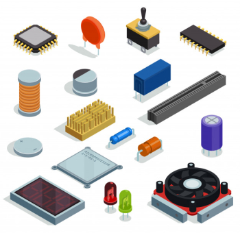 Semiconductor isometric set of microchip microprocessor diode transistor capacitor resistor slot isolated elements Free Vector