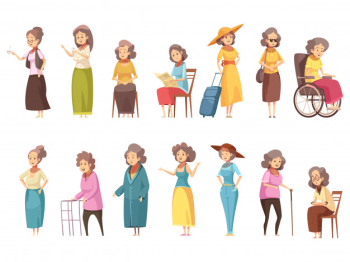 Senior woman disable old citizens with walking cane retro cartoon icons 2 banners set isolated vector illustration Free Vector