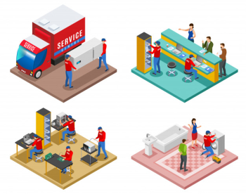 Service centre isometric 4x1 set of compositions with images representing different support services and aftersales assistance Free Vector