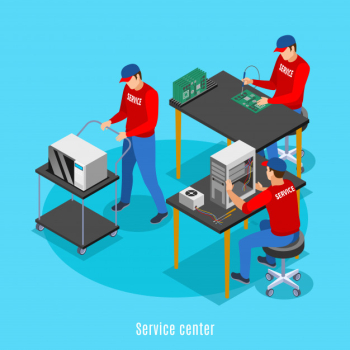 Service centre isometric background with view of people performing repairs of computer equipment and consumer electronics Free Vector
