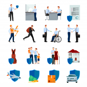 Services of insurance company character set with policy negotiations security of health and property isolated vector illustration Free Vector