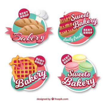 Set of bakery stickers with sweets and bread Set of bakery stickers with sweets and bread