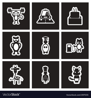 Set of black and white icons profession animals vector image Set of black and white icons profession animals vector image