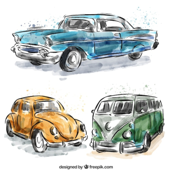 Set of caravan and watercolor vintage cars Set of caravan and watercolor vintage cars