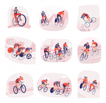 Set of compositions with bicyclists during cycling tour on  of city or nature isolated Free Vector