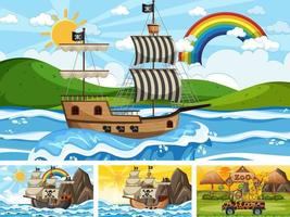 Set of different scenes with pirate ship at the sea and animals in the zoo Free Vector