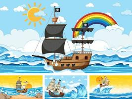 Set of different scenes with pirate ship at the sea and animals in the zoo Free Vector