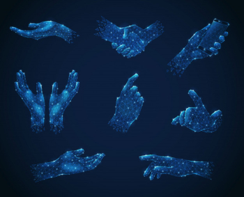 Set of hand gestures in blue polygonal wireframe style luminescent Free Vector