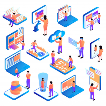 Set of isolated isometric people interfaces with icons of computer equipment and pictograms with human characters vector illustration Free Vector