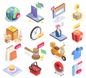 Set of isolated shopping e-commerce isometric icons and conceptual images with pictograms and sale symbols vector illustration Free Vector