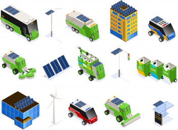 Set of isolated smart urban ecology isometric icons with futuristic transport units buildings and solar batteries Free Vector