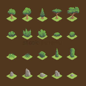 Set of isometric trees and granite stone Set of isometric trees and granite stone
