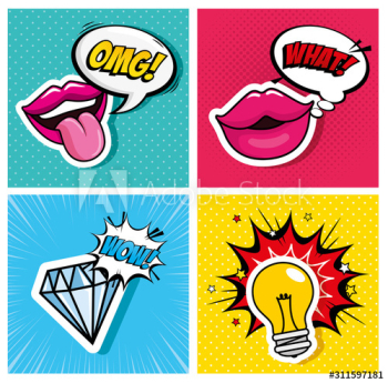 set of lips with diamond and light bulb style pop art design set of lips with diamond and light bulb style pop art design