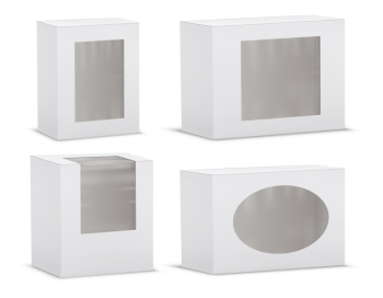 Set of realistic empty cardboard boxes with transparent windows 