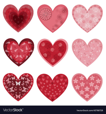 set of red and pink hearts with romantic patterns