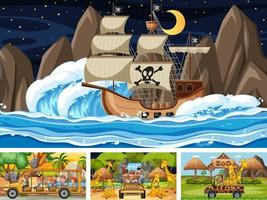 Set of scenes with pirate ship at the sea and animals in the zoo Free Vector