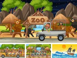 Set of scenes with pirate ship at the sea and animals in the zoo Free Vector