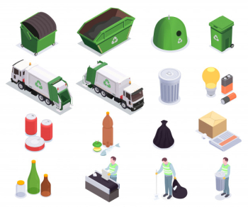 Set of sixteen garbage waste recycling isometric icons with human characters of scavengers and rubbish bins vector illustration Free Vector